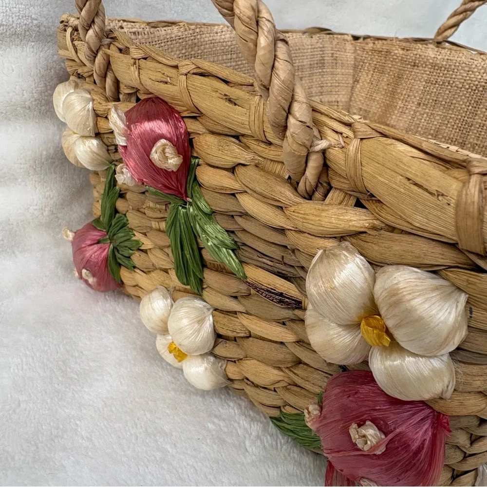 Vintage Handmade Straw Basket w/ Strawberry & Floral with Raffia Trim Handles